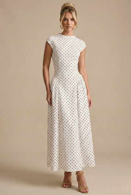 Women’s Polka Dot Maxi Dress – High Neck Cap Sleeve A-Line Style