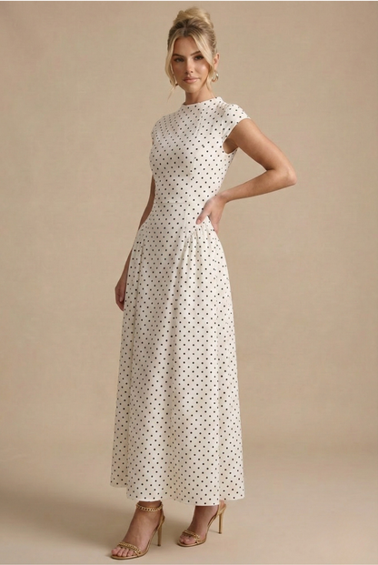 Women’s Polka Dot Maxi Dress – High Neck Cap Sleeve A-Line Style