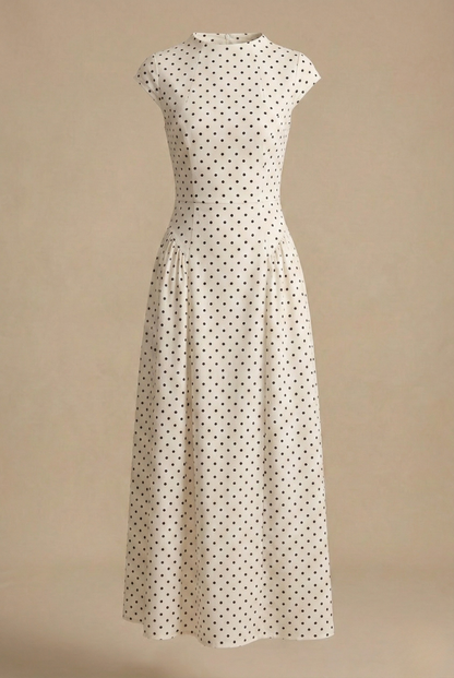 Women’s Polka Dot Maxi Dress – High Neck Cap Sleeve A-Line Style