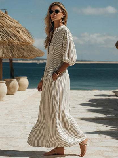 Women’s Ribbed Button-Down Midi Dress – Comfortable Three-Quarter Sleeves