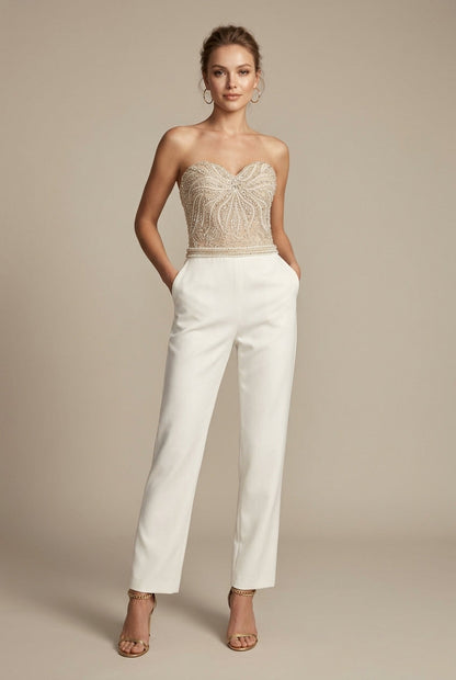 Women’s Sequin Jumpsuit – Strapless Sweetheart Neckline Wide-Leg Design