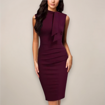 Women’s Sheath Midi Dress – V-Neck Wrap Style Asymmetrical Hem