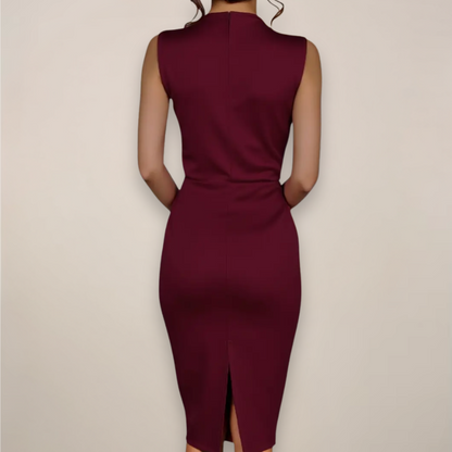 Women’s Sheath Midi Dress – V-Neck Wrap Style Asymmetrical Hem