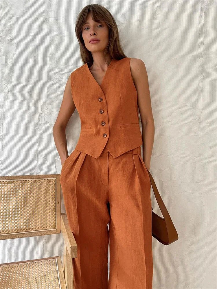 Women’s Suit Set – Sleeveless Linen Waistcoat With Wide-Leg Trousers