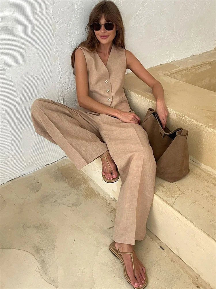 Women’s Suit Set – Sleeveless Linen Waistcoat With Wide-Leg Trousers