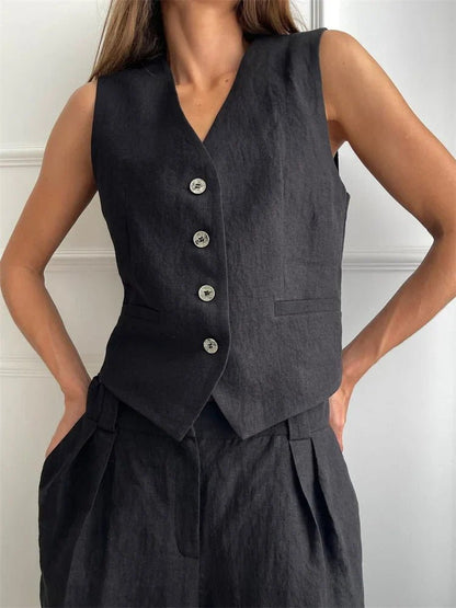 Women’s Suit Set – Sleeveless Linen Waistcoat With Wide-Leg Trousers