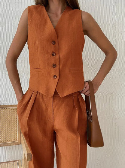 Women’s Suit Set – Sleeveless Linen Waistcoat With Wide-Leg Trousers