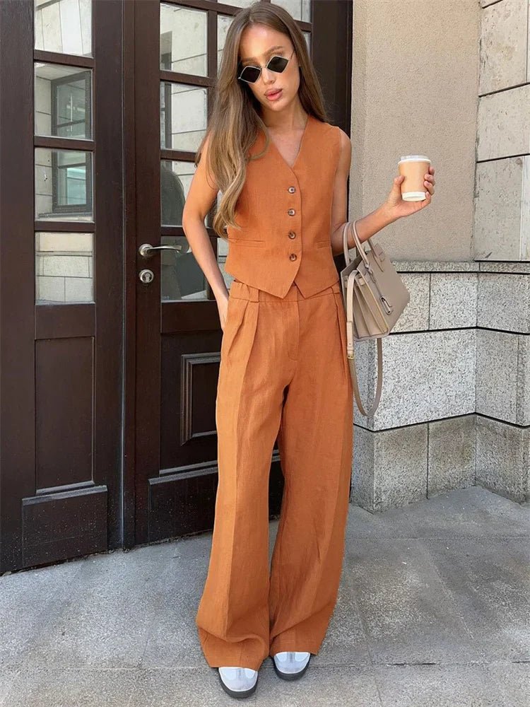 Women’s Suit Set – Sleeveless Linen Waistcoat With Wide-Leg Trousers