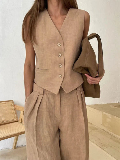 Women’s Suit Set – Sleeveless Linen Waistcoat With Wide-Leg Trousers