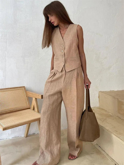 Women’s Suit Set – Sleeveless Linen Waistcoat With Wide-Leg Trousers