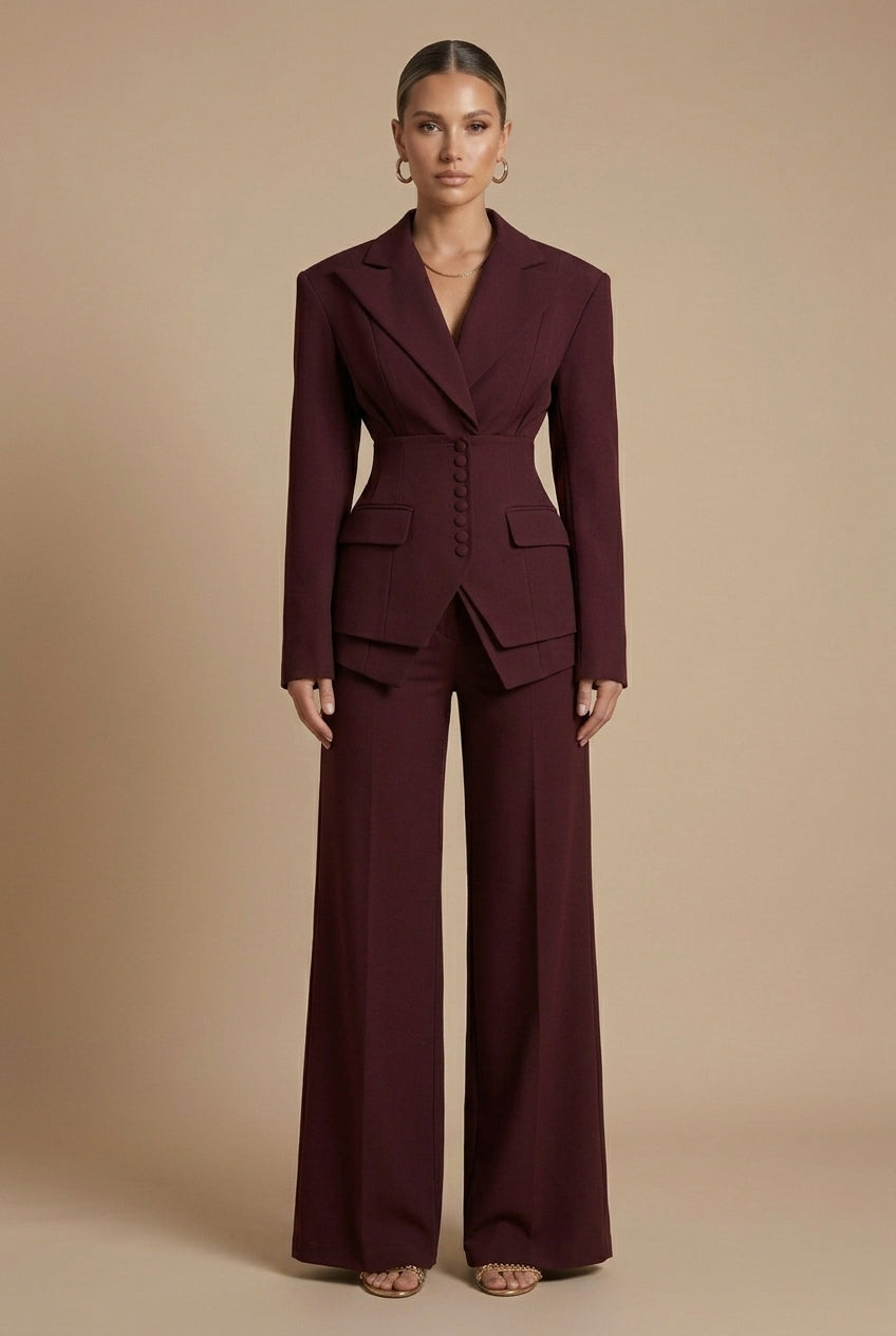 Women's Peaked Lapel Blazer Suit – Wide-Leg Trouser Set