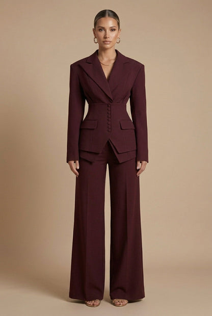 Women's Peaked Lapel Blazer Suit – Wide-Leg Trouser Set