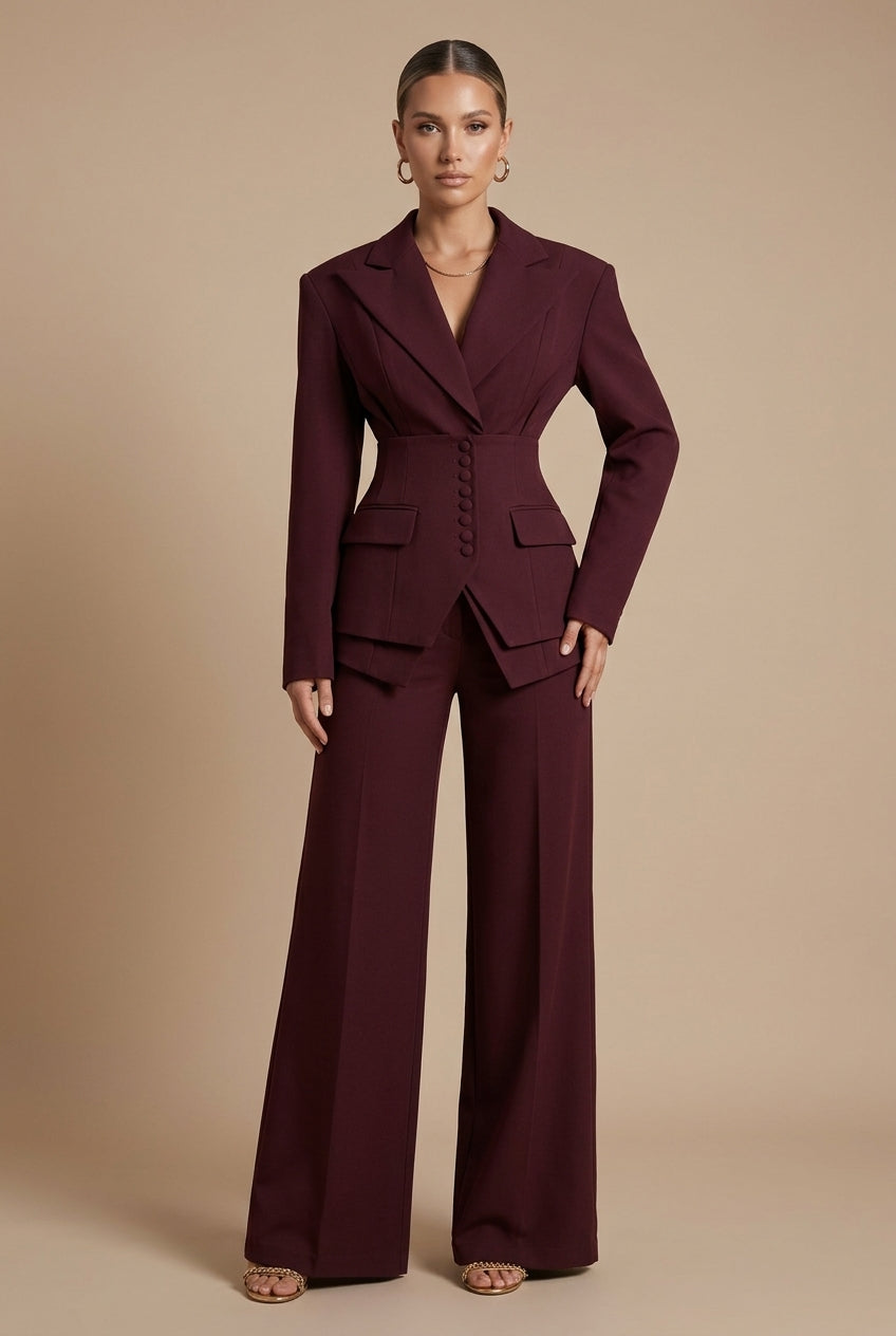 Women's Peaked Lapel Blazer Suit – Wide-Leg Trouser Set