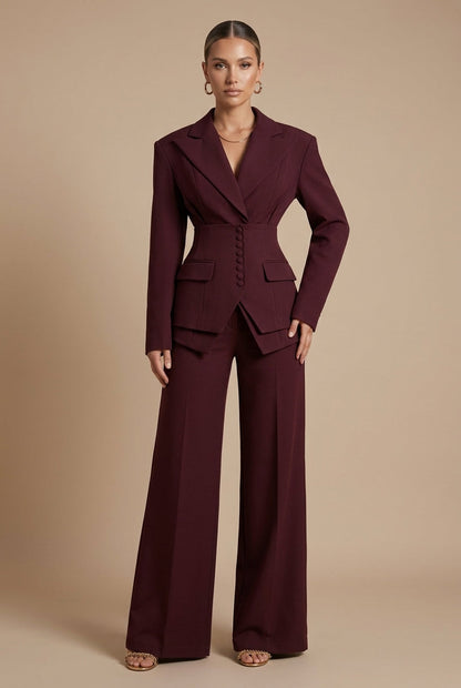 Women's Peaked Lapel Blazer Suit – Wide-Leg Trouser Set