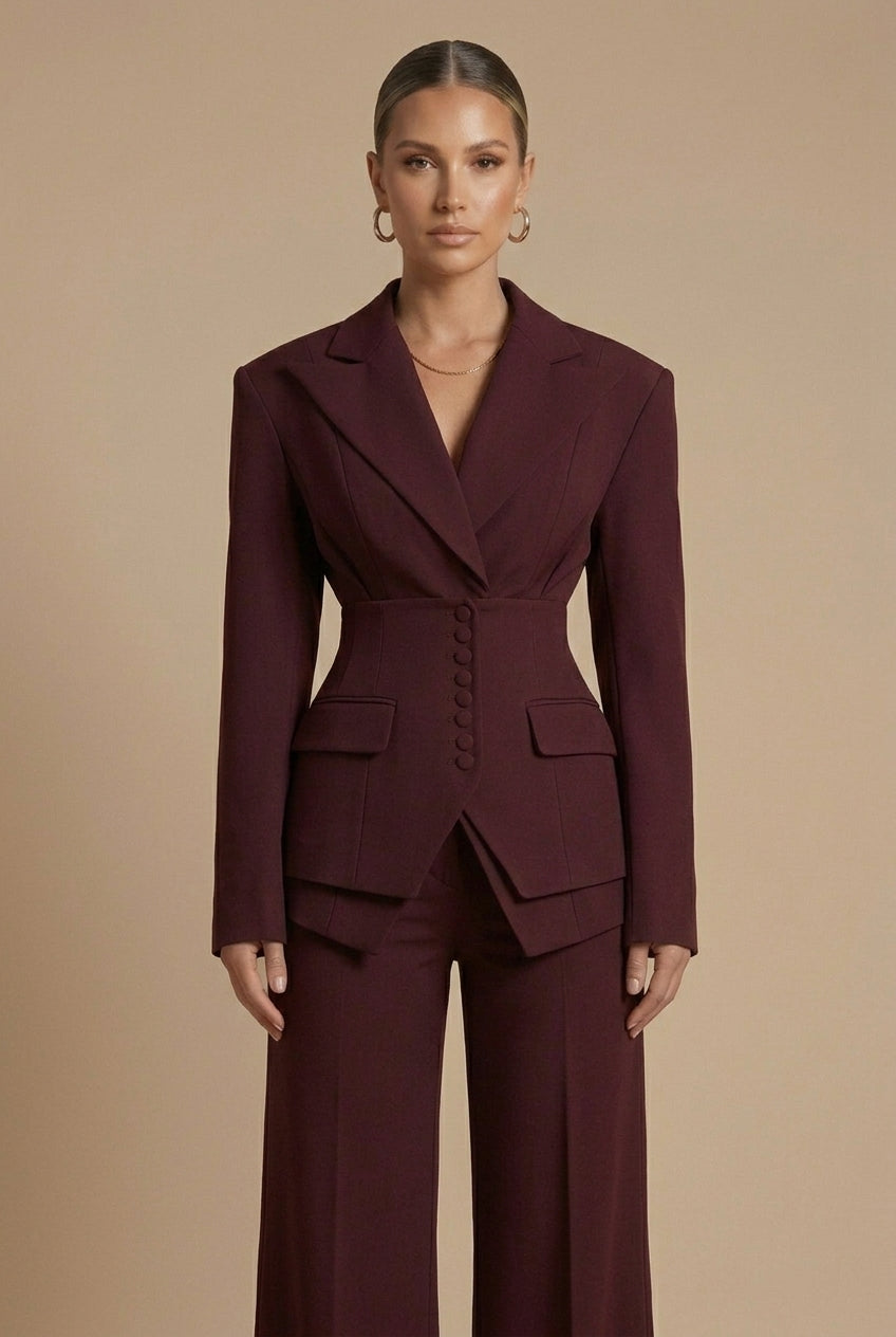 Women's Peaked Lapel Blazer Suit – Wide-Leg Trouser Set