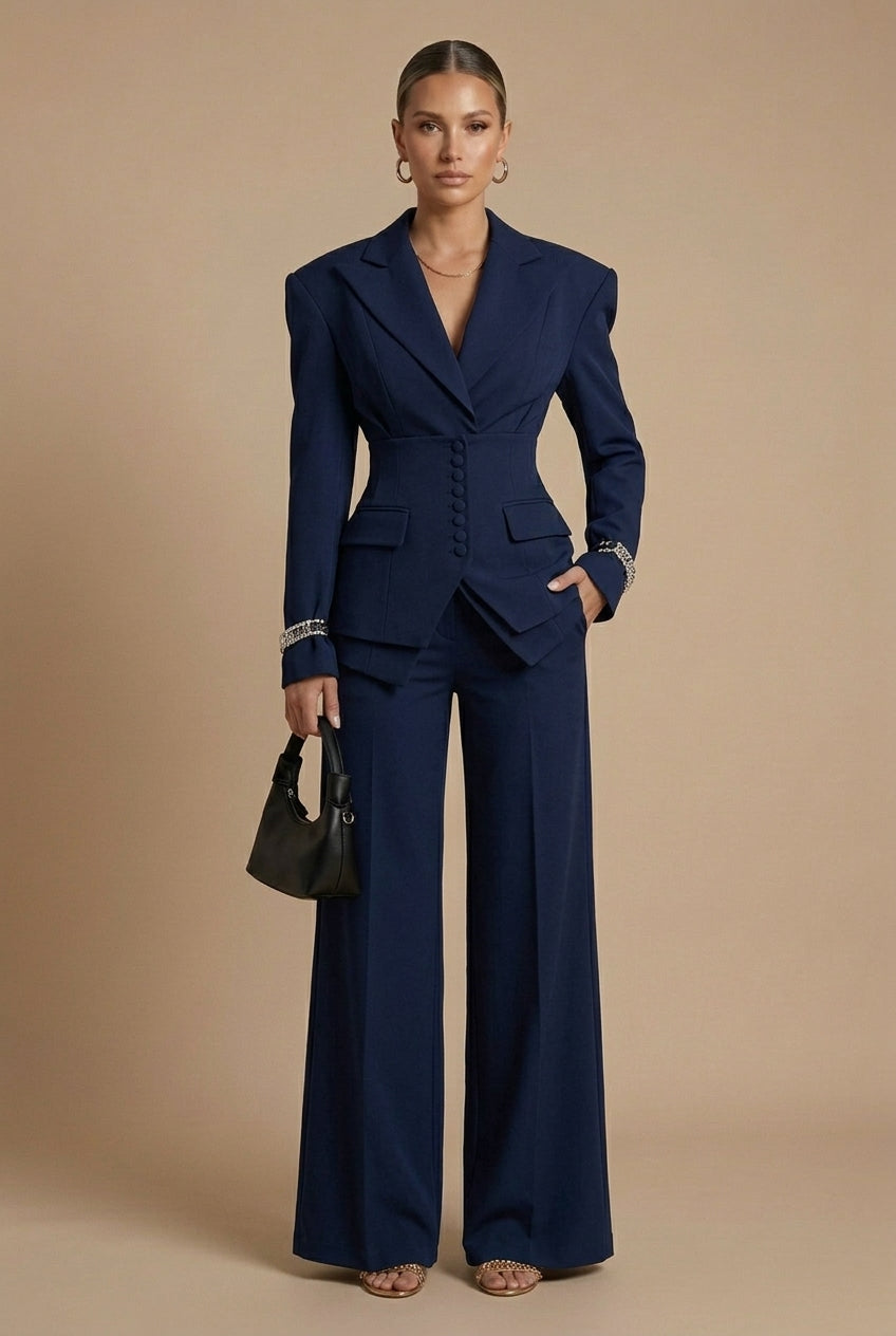 Women's Peaked Lapel Blazer Suit – Wide-Leg Trouser Set