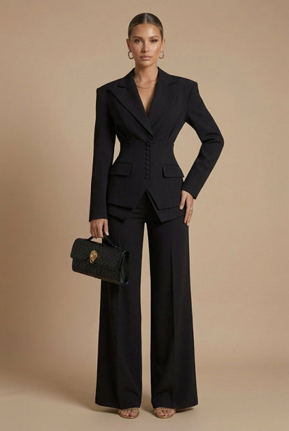 Women's Peaked Lapel Blazer Suit – Wide-Leg Trouser Set