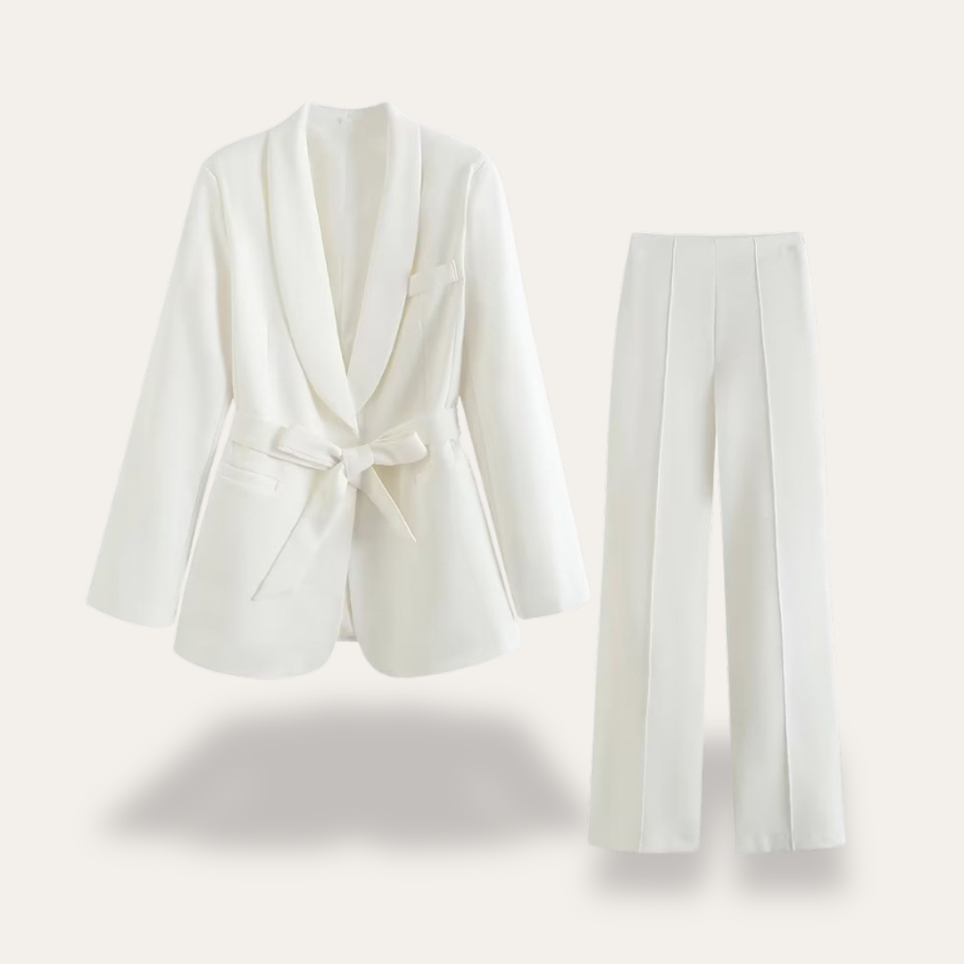 Women’s Tailored Blazer Set – Wide-Leg Trousers with Tie Belt