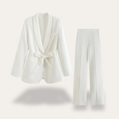 Women’s Tailored Blazer Set – Wide-Leg Trousers with Tie Belt