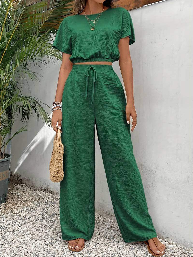 Women’s Two Piece Set – Short Sleeve Crop Top and Wide Leg Trousers