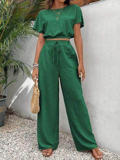 Women’s Two Piece Set – Short Sleeve Crop Top and Wide Leg Trousers
