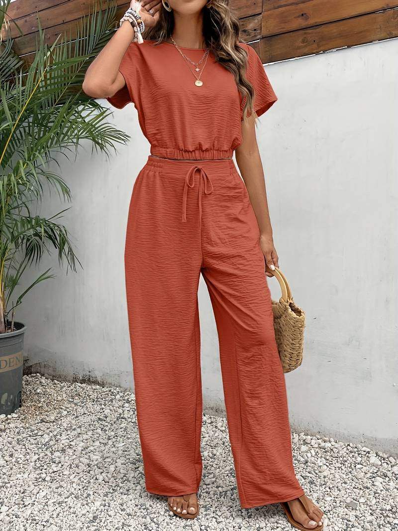 Women’s Two Piece Set – Short Sleeve Crop Top and Wide Leg Trousers