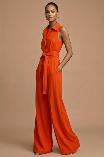 Women's Wide Leg Jumpsuit – Sleeveless Collar Neck Button Front Design