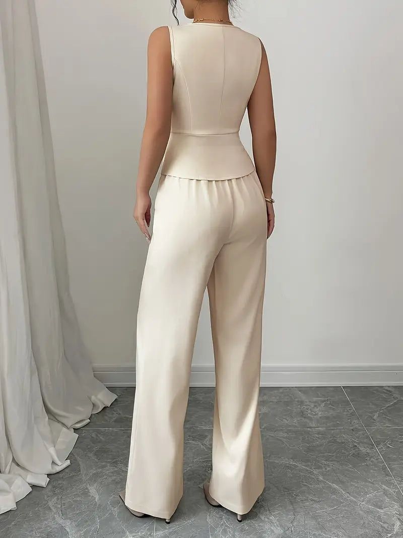 Women’s Wide Leg Trousers – Tailored V-Neck Waistcoat Set