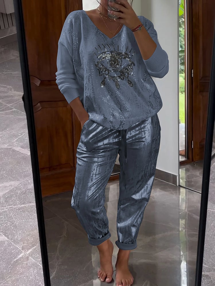Women's Blouse and Pants Set | Glittering Shine & V-Neck Style