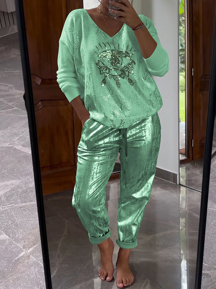 Women's Blouse and Pants Set | Glittering Shine & V-Neck Style