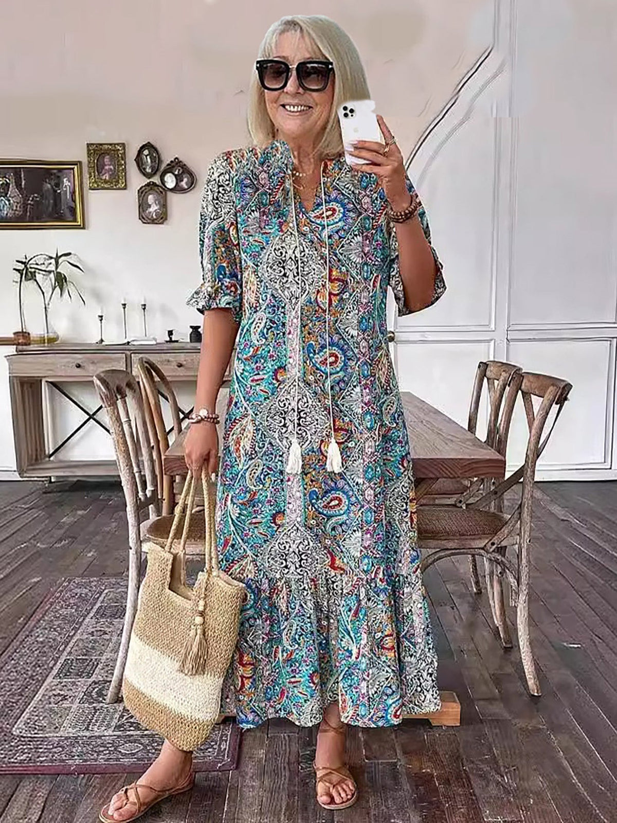 Women's Boho Maxi Dress - Cotton - Tiered Skirt - Lace-Up Front