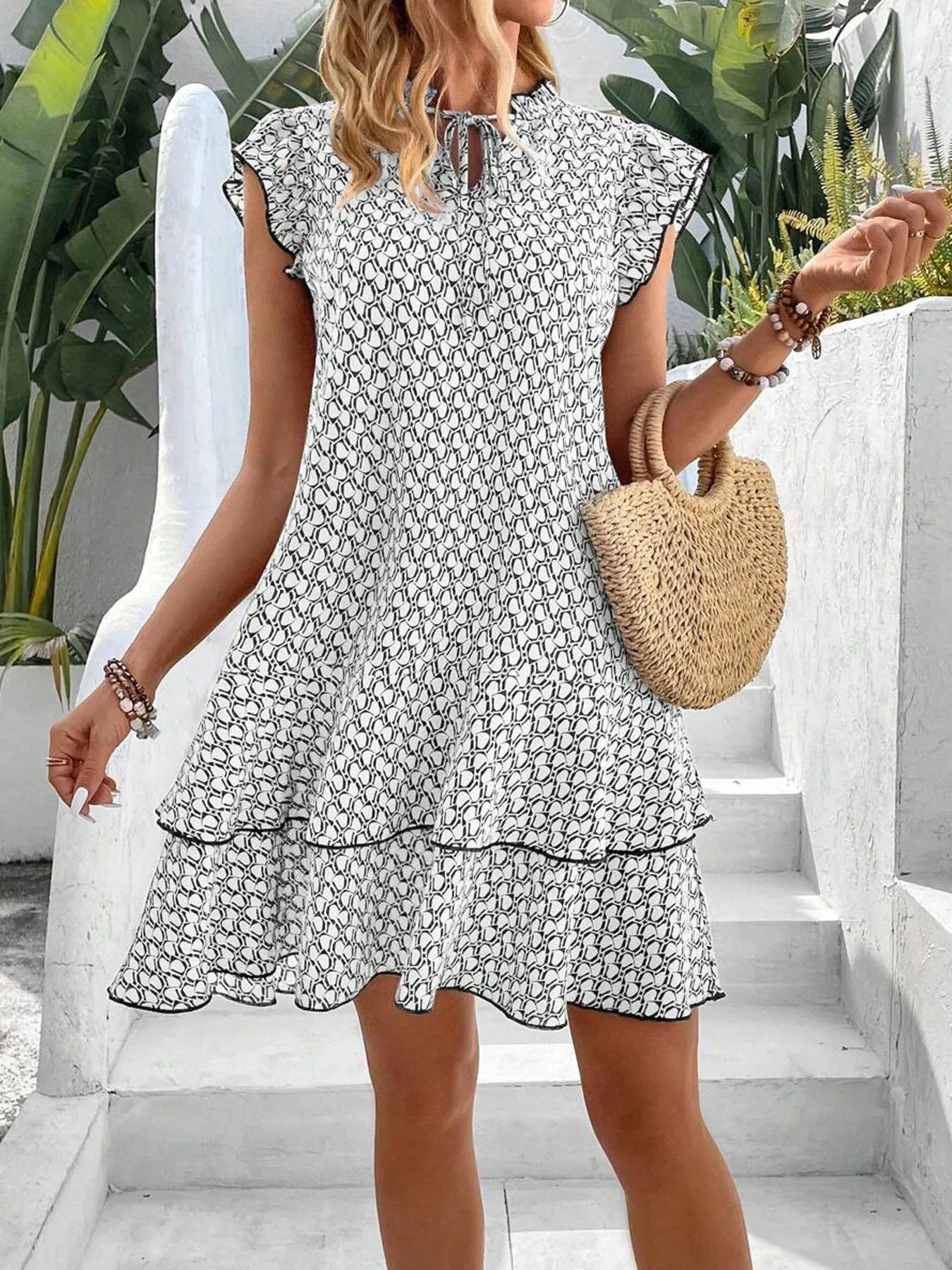 Women's Boho Mini Dress – Polyester, V-Neck Flounced Hem