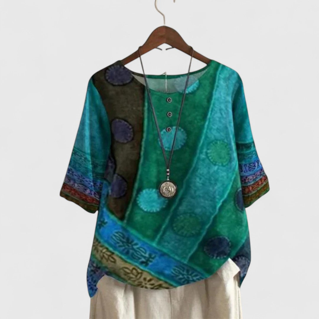 Women's Boho Patchwork Top – Relaxed Fit, Travel-Ready Fabric