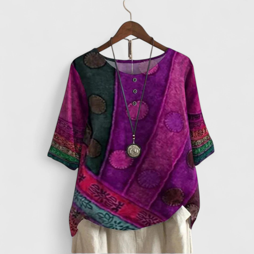 Women's Boho Patchwork Top – Relaxed Fit, Travel-Ready Fabric