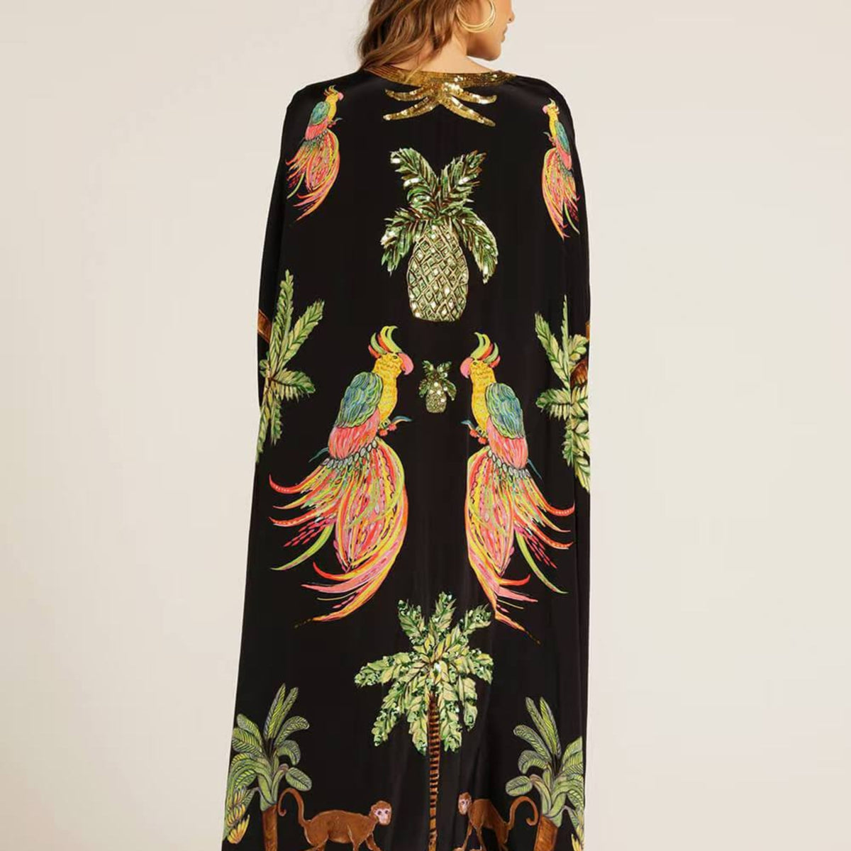 Women's Dress - Loose Fit - Ankle-Length - V-Neck - Tropical Print
