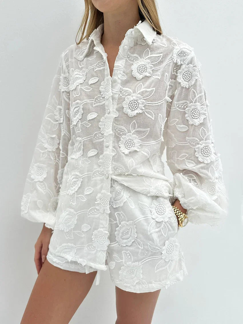 Women’s Floral Outfit Set – Button Front Shirt and Matching Shorts