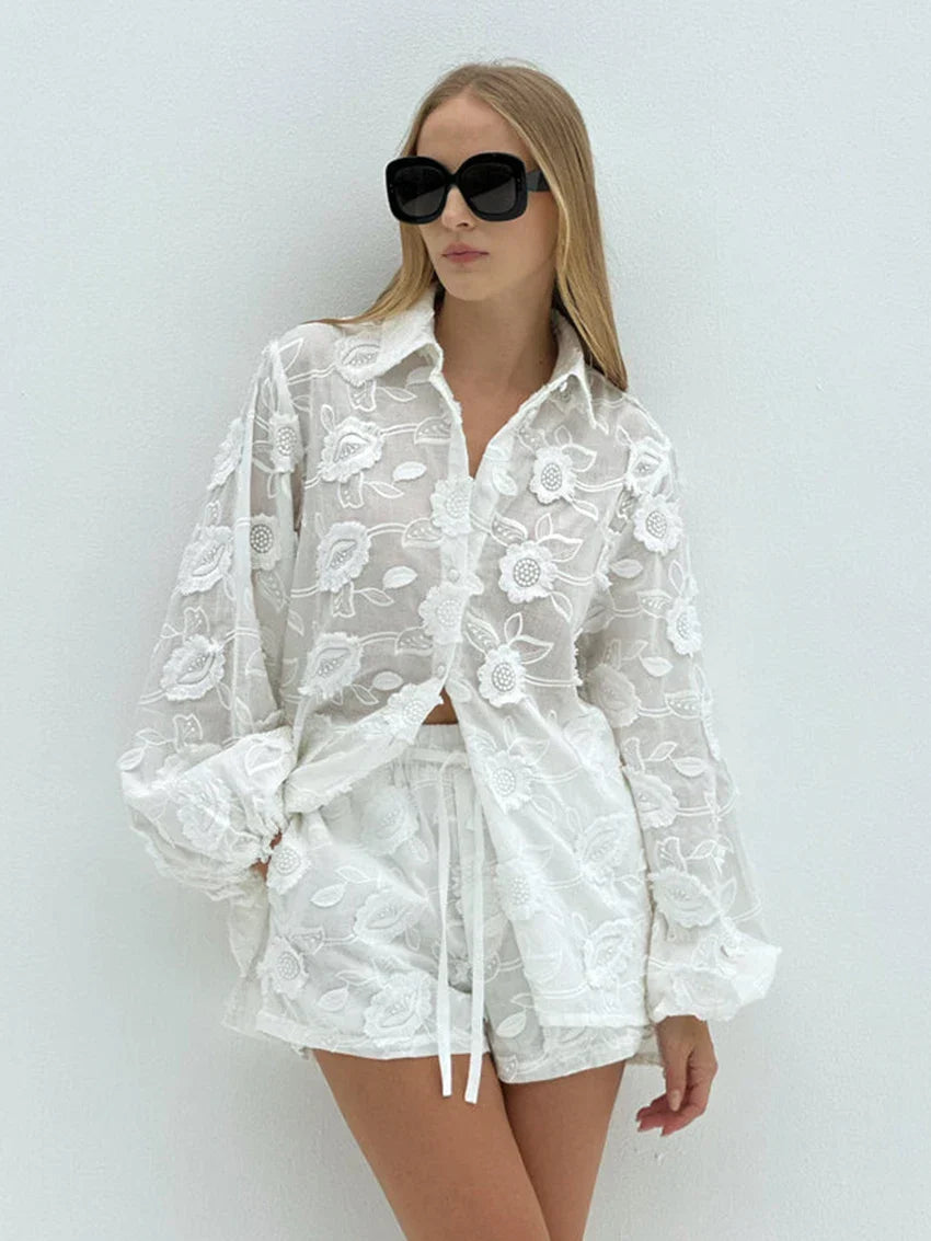 Women’s Floral Outfit Set – Button Front Shirt and Matching Shorts