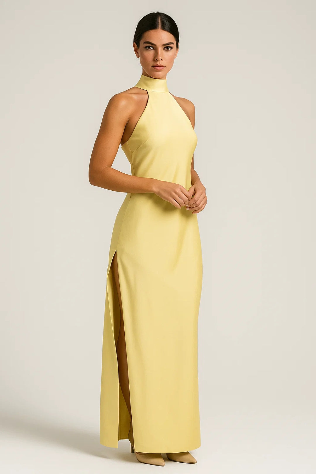 Women's Halter Neck Maxi Dress – Flowing Skirt with Side Slit Design