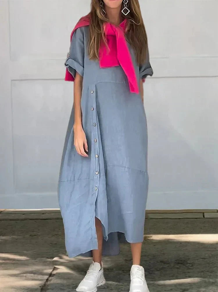 Women's Linen Blend Midi Dress – Relaxed Fit, Everyday Style