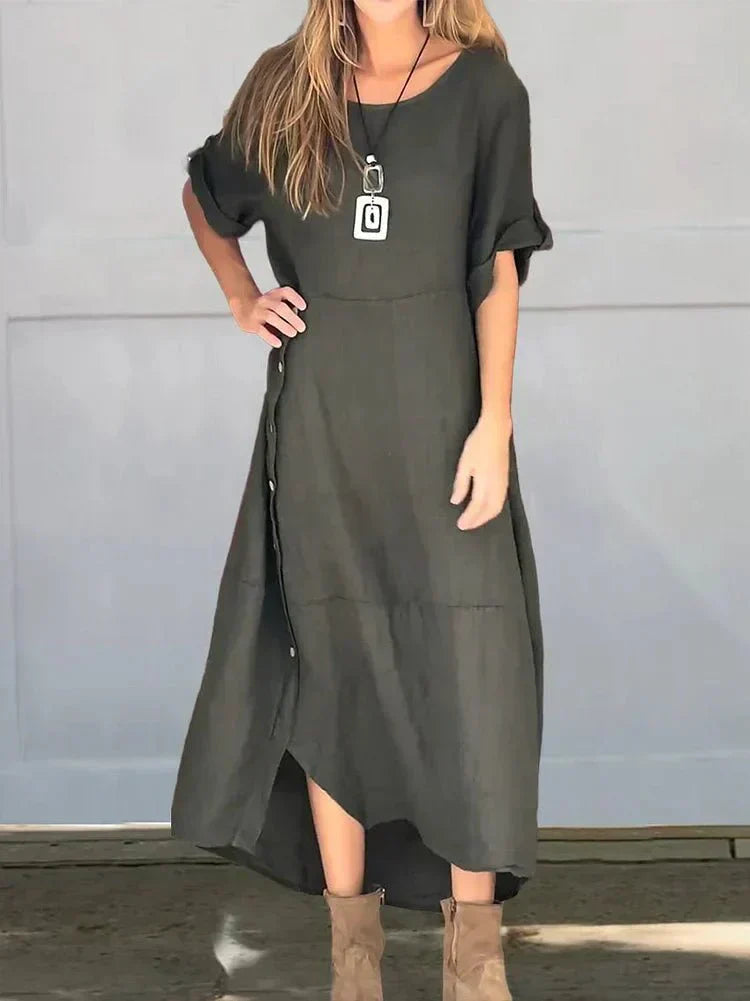 Women's Linen Blend Midi Dress – Relaxed Fit, Everyday Style