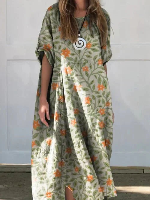 Women's Linen Blend Midi Dress – Relaxed Fit, Everyday Style