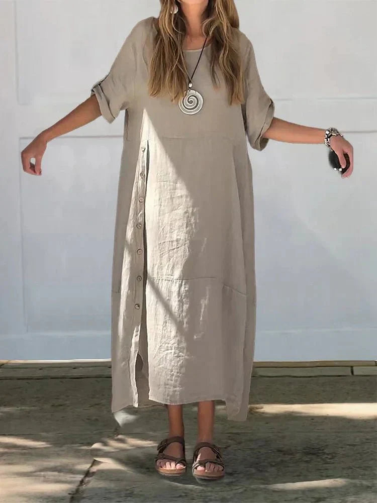 Women's Linen Blend Midi Dress – Relaxed Fit, Everyday Style