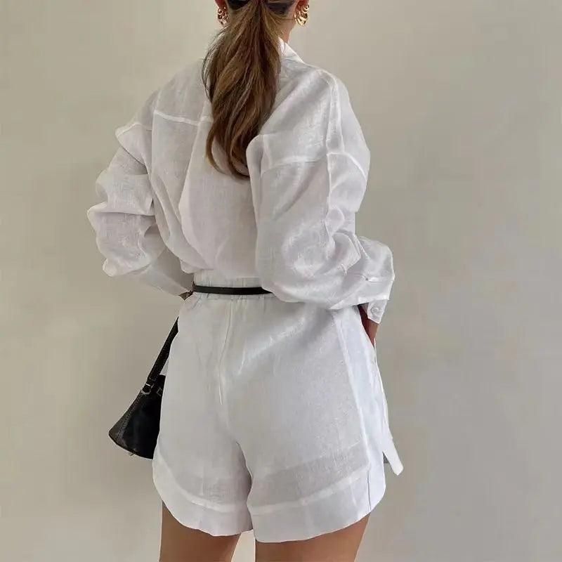 Women’s Linen Shirt and Shorts Set – Oversized Relaxed Fit with Flexible Waistband
