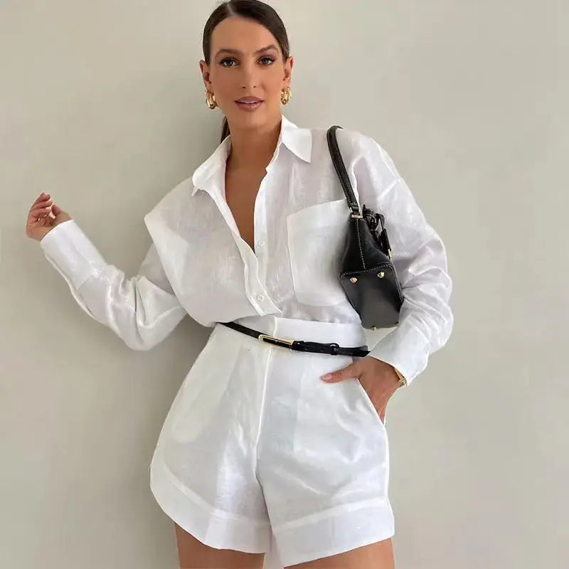 Women’s Linen Shirt and Shorts Set – Oversized Relaxed Fit with Flexible Waistband
