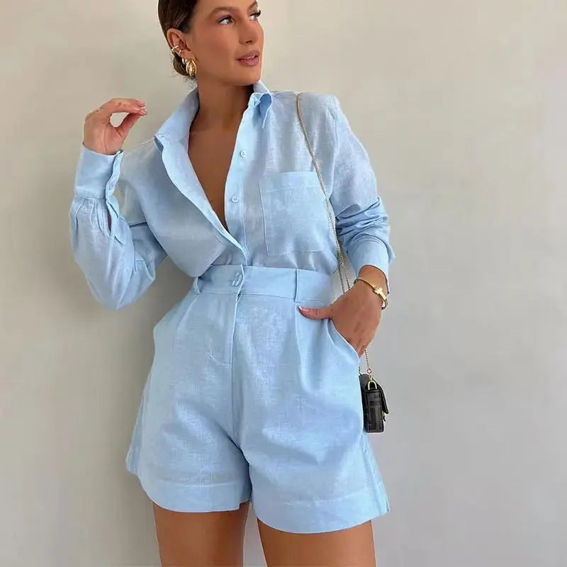 Women’s Linen Shirt and Shorts Set – Oversized Relaxed Fit with Flexible Waistband