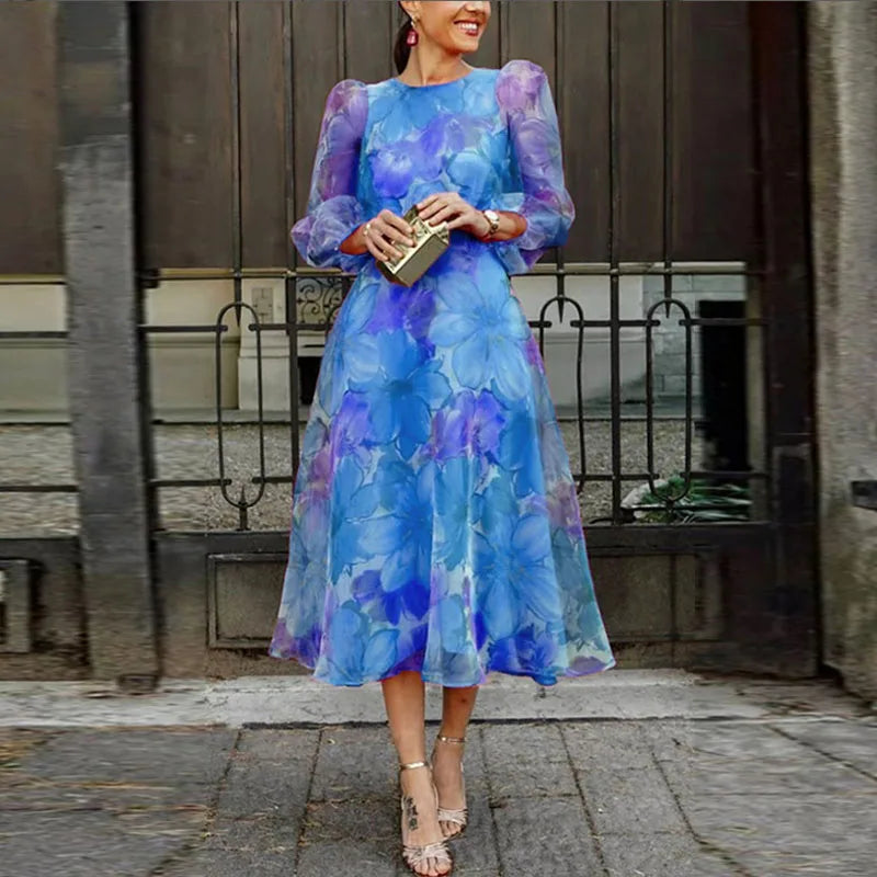 Women's Long Sleeve Floral Midi Dress – 100% Polyester