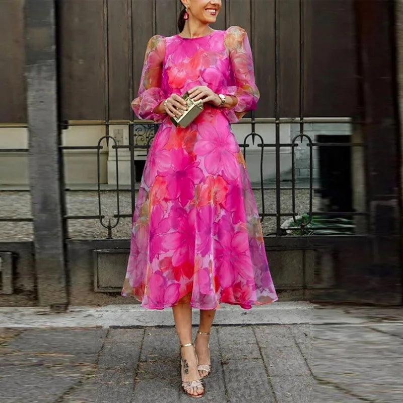 Women's Long Sleeve Floral Midi Dress – 100% Polyester