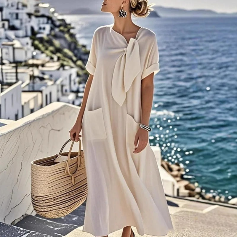 Women's Maxi Dress – Chic Neck Tie, Functional Pockets, 100% Polyester