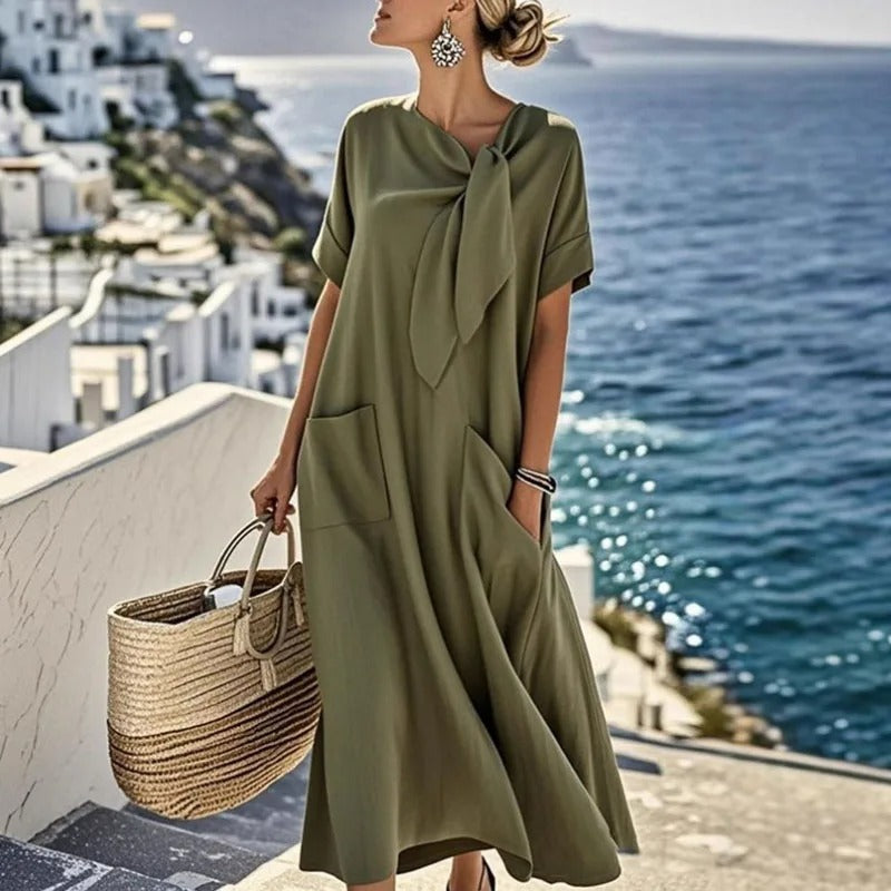 Women's Maxi Dress – Chic Neck Tie, Functional Pockets, 100% Polyester