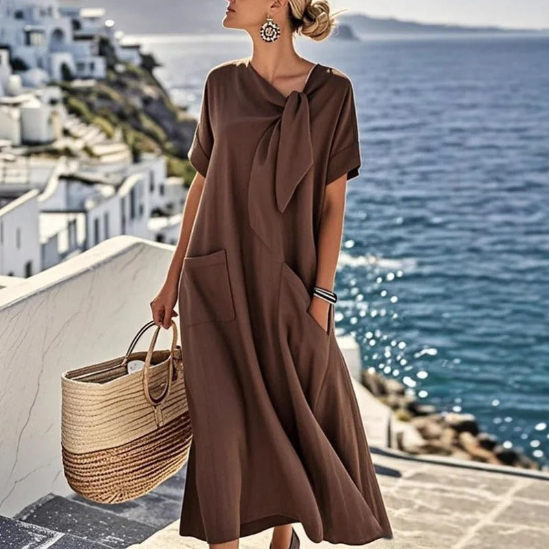 Women's Maxi Dress – Chic Neck Tie, Functional Pockets, 100% Polyester